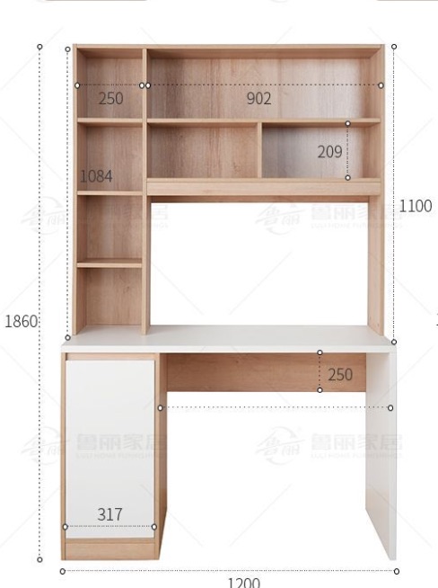 Supplied desk dimension drawing with shelf measurements