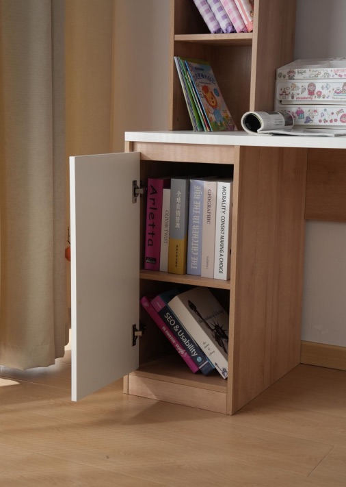 Lower cabinet and shelf integrated into the desk